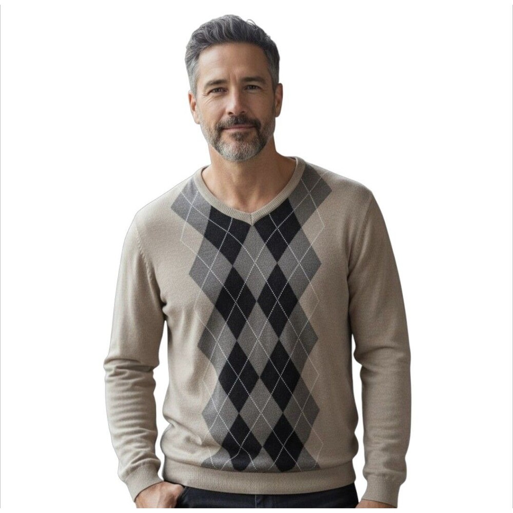 American Blue Men's Argyle Sweater V-Neck Tan Brown Plaid Size Medium Silk Blend